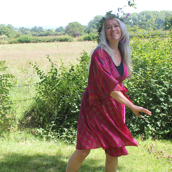 Recycled Indian Sari 'Indali' Butterfly Wing Midi Wrap Dress