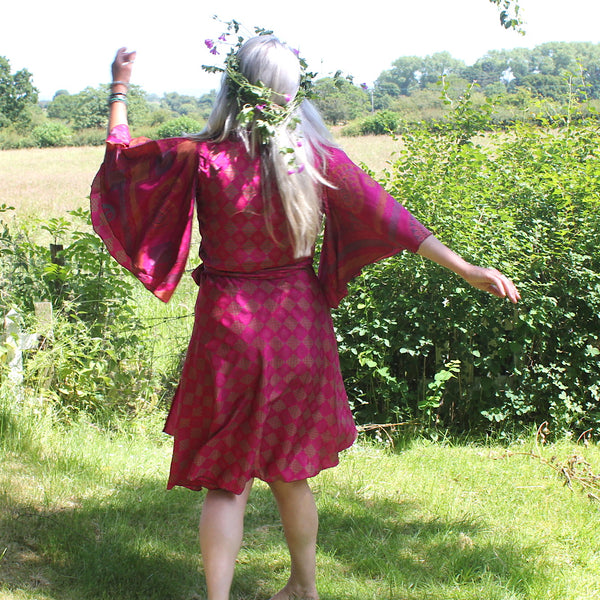 Recycled Indian Sari 'Indali' Butterfly Wing Midi Wrap Dress