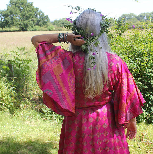 Recycled Indian Sari 'Indali' Butterfly Wing Midi Wrap Dress