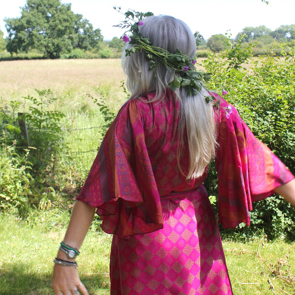 Recycled Indian Sari 'Indali' Butterfly Wing Midi Wrap Dress