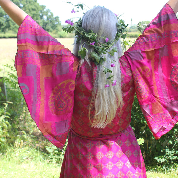 Recycled Indian Sari 'Indali' Butterfly Wing Midi Wrap Dress