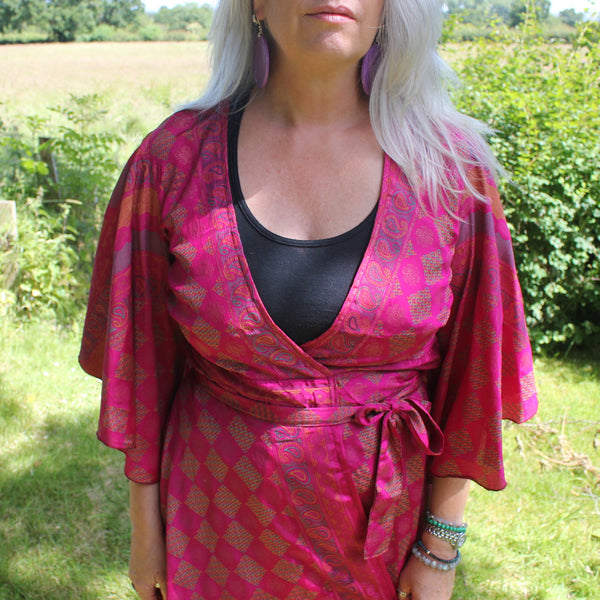 Recycled Indian Sari 'Indali' Butterfly Wing Midi Wrap Dress