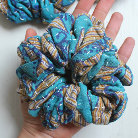 Zero Waste Kantha 'Dusty Blue' Scrunchie