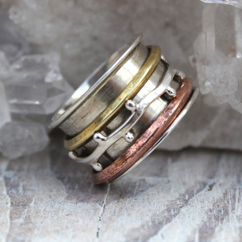 925 Silver, Brass and Copper Swizzle Spinner Ring