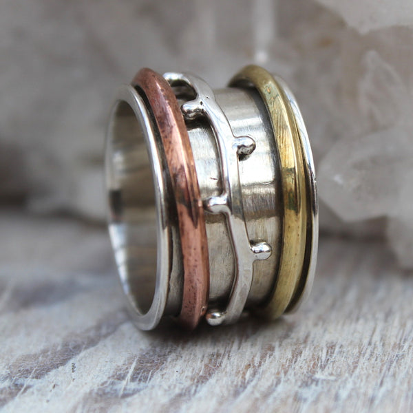 925 Silver, Brass and Copper Swizzle Spinner Ring