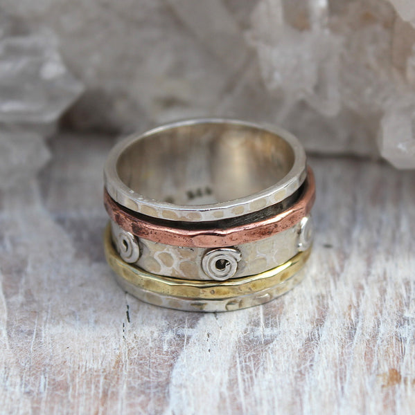 925 Silver, Brass and Copper Swirl Swizzle Spinner Ring