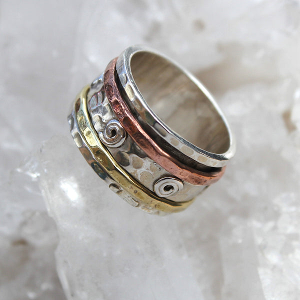 925 Silver, Brass and Copper Swirl Swizzle Spinner Ring