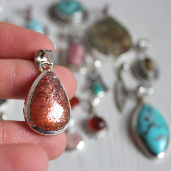 Glittery Sunstone + 925 Sterling Silver Drop Pendant