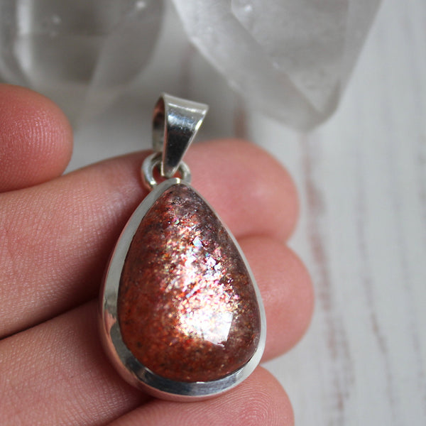 Glittery Sunstone + 925 Sterling Silver Drop Pendant