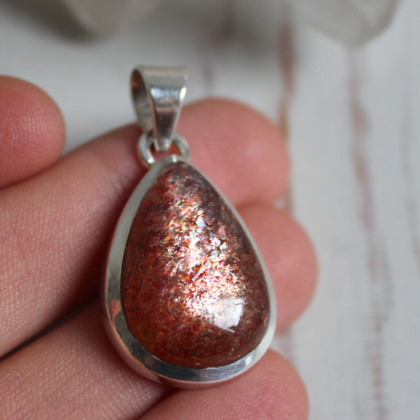 Glittery Sunstone + 925 Sterling Silver Drop Pendant