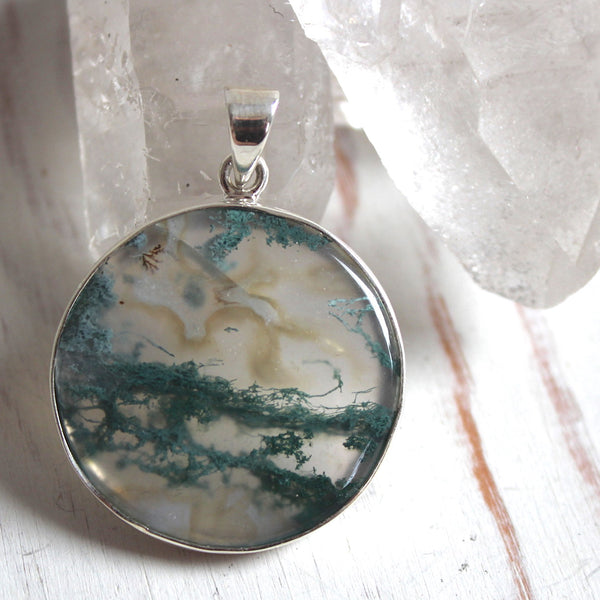 Moss Agate + 925 Sterling Silver Large Circle Pendant