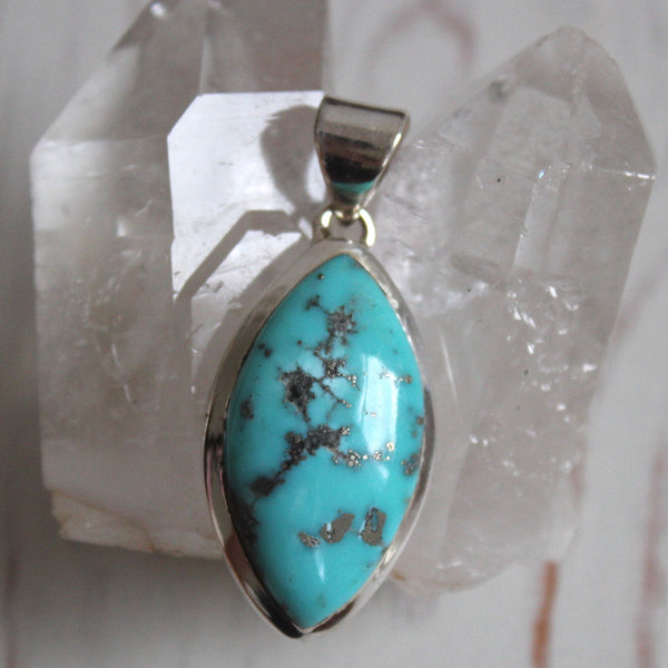 Arizona Turquoise, Pyrite + 925 Sterling Silver Marquise Pendant