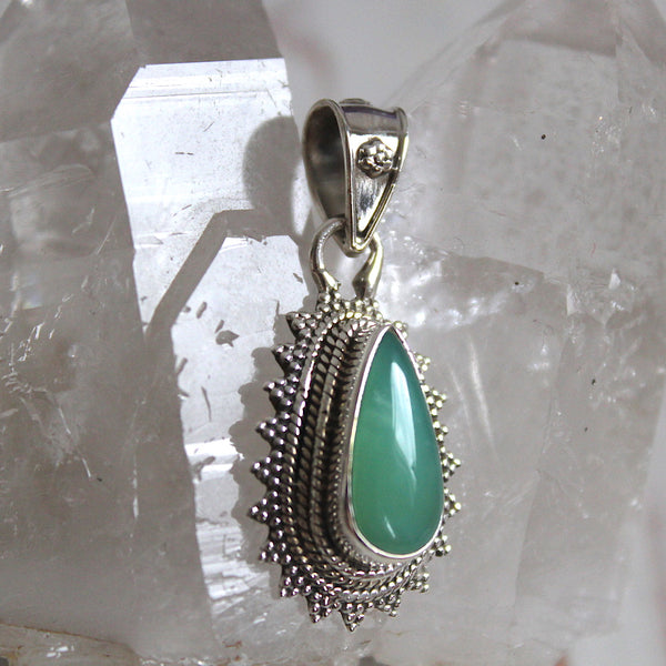 Chrysoprase + 925 Sterling Silver Intricate Drop Pendant