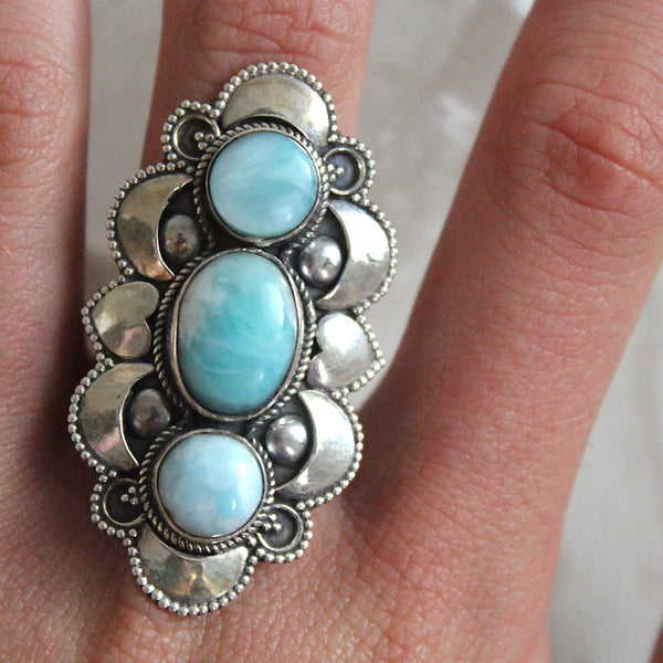 Larimar + 925 Sterling Silver Heart + Crescent Moon Ring