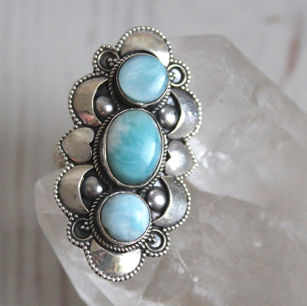 Larimar + 925 Sterling Silver Heart + Crescent Moon Ring