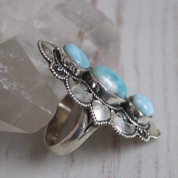 Larimar + 925 Sterling Silver Heart + Crescent Moon Ring