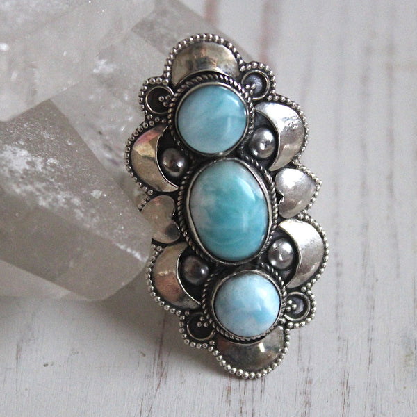 Larimar + 925 Sterling Silver Heart + Crescent Moon Ring