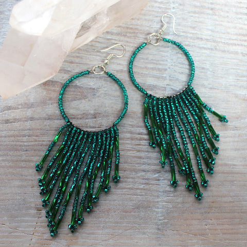 Glass Beaded Deep Sea Green Fleco Hoop Earrings